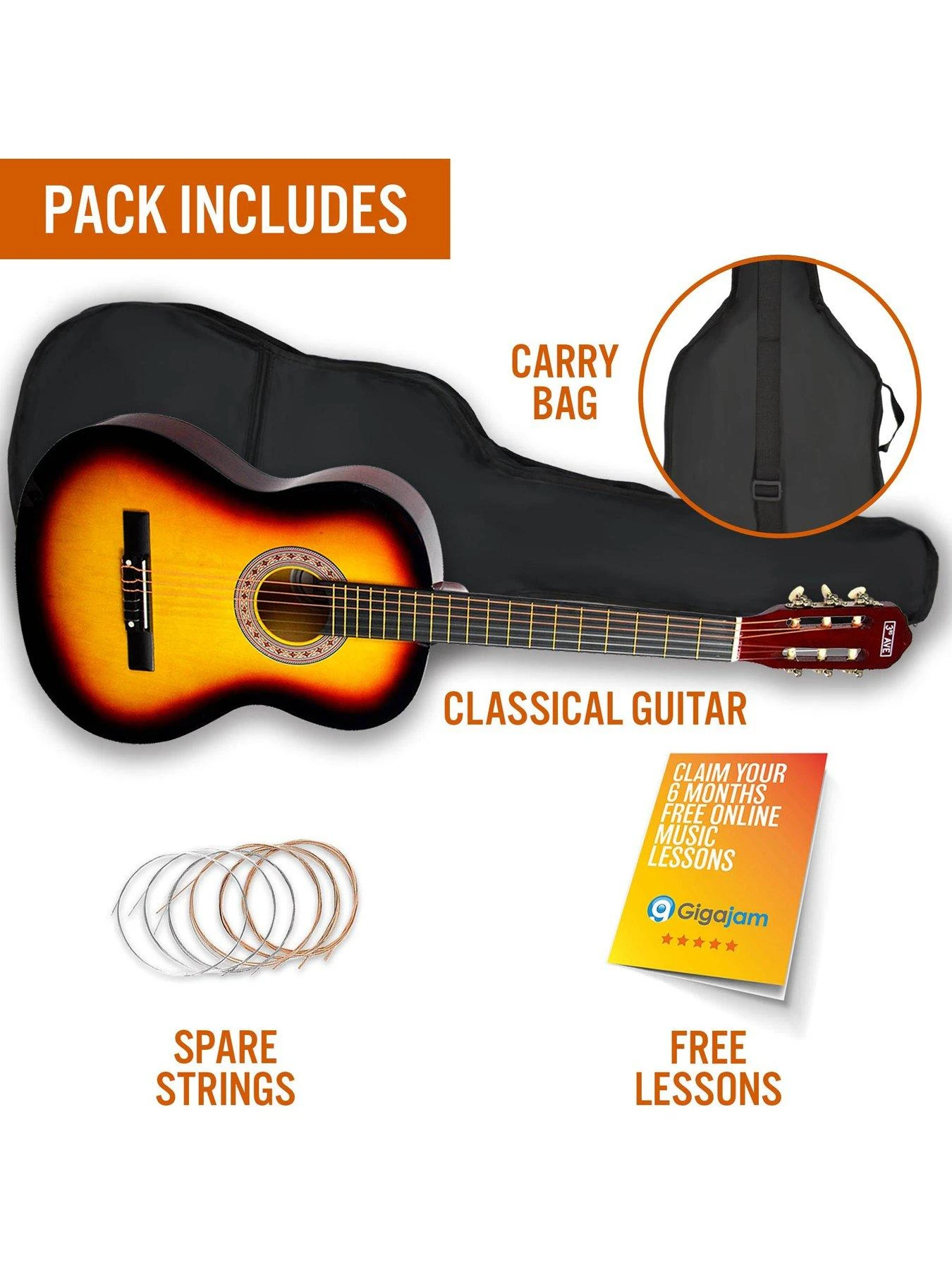 3rd Avenue 3/4 Size Kids Classical Guitar Beginner Bundle - 6 Months FREE Lessons - Sunburst 5 3rd Avenue 3/4 Size Kids Classical Guitar Beginner Bundle - 6 Months FREE Lessons - Sunburst - Image 3