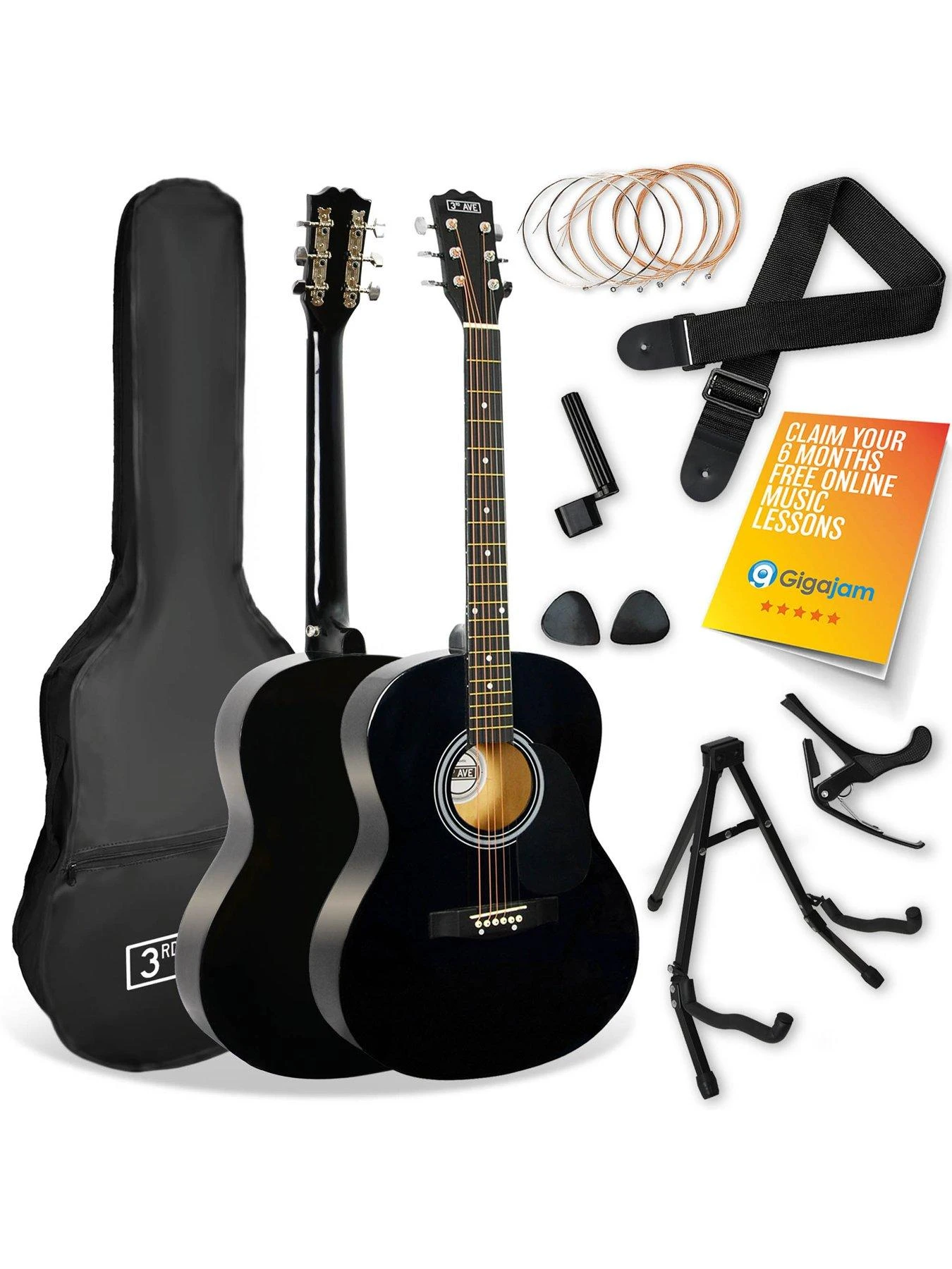 3rd Avenue Full Size 4/4 Acoustic Guitar Pack For Beginners - 6 Months FREE Lessons - Black 3 3rd Avenue Full Size 4/4 Acoustic Guitar Pack For Beginners - 6 Months FREE Lessons - Black