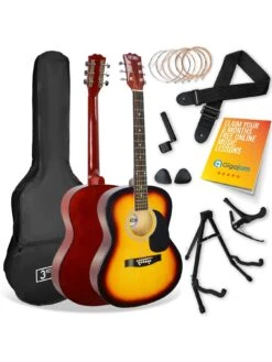 3rd Avenue Full Size 4/4 Acoustic Guitar Pack For Beginners - 6 Months FREE Lessons - Sunburst