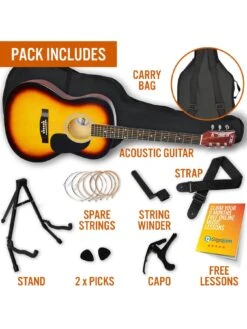 3rd Avenue Full Size 4/4 Acoustic Guitar Pack For Beginners - 6 Months FREE Lessons - Sunburst -NARA Computer Shop Q7DRT SQ5 0000003989 SUNBURST SLd1