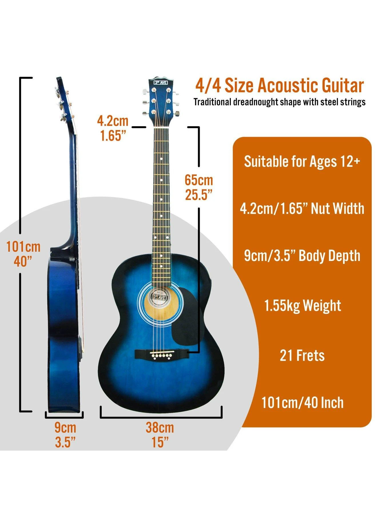 3rd Avenue Full Size 4/4 Acoustic Guitar Pack For Beginners - 6 Months FREE Lessons - Blueburst 4 3rd Avenue Full Size 4/4 Acoustic Guitar Pack For Beginners - 6 Months FREE Lessons - Blueburst - Image 2