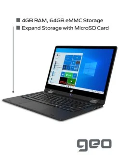 Geo GeoFlex 110 11.6-inch HD Convertible Windows 10 Laptop With Touchscreen, Intel Celeron Dual Core, 4GB RAM, 64GB Storage With Optional Norton 360 (1 Year) -NARA Computer Shop RNFEJ SQ4 0000000004 BLACK SLd