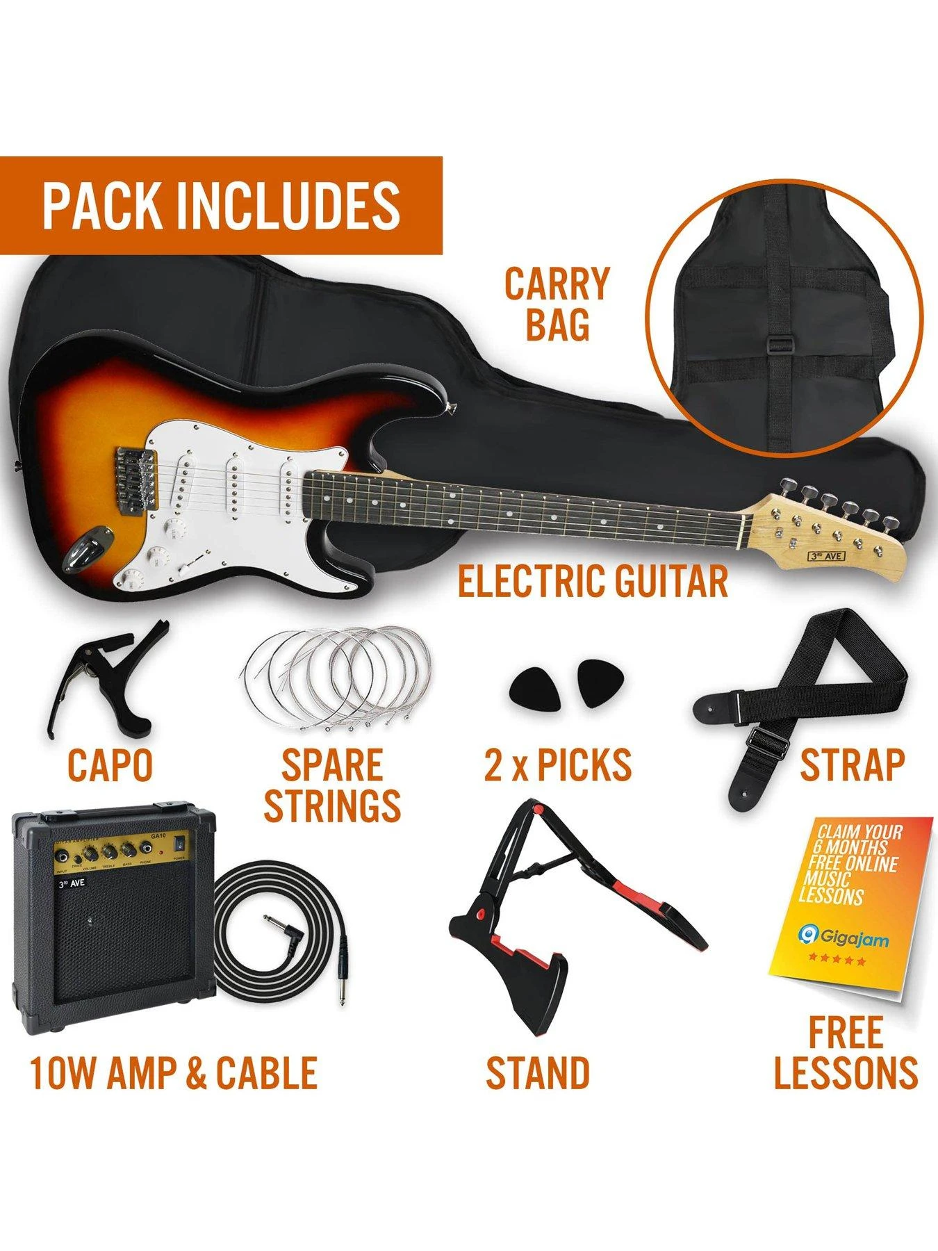 3rd Avenue Full Size 4/4 Electric Guitar Ultimate Kit With 10W Amp - 6 Months FREE Lessons - Sunburst 5 3rd Avenue Full Size 4/4 Electric Guitar Ultimate Kit With 10W Amp - 6 Months FREE Lessons - Sunburst - Image 3
