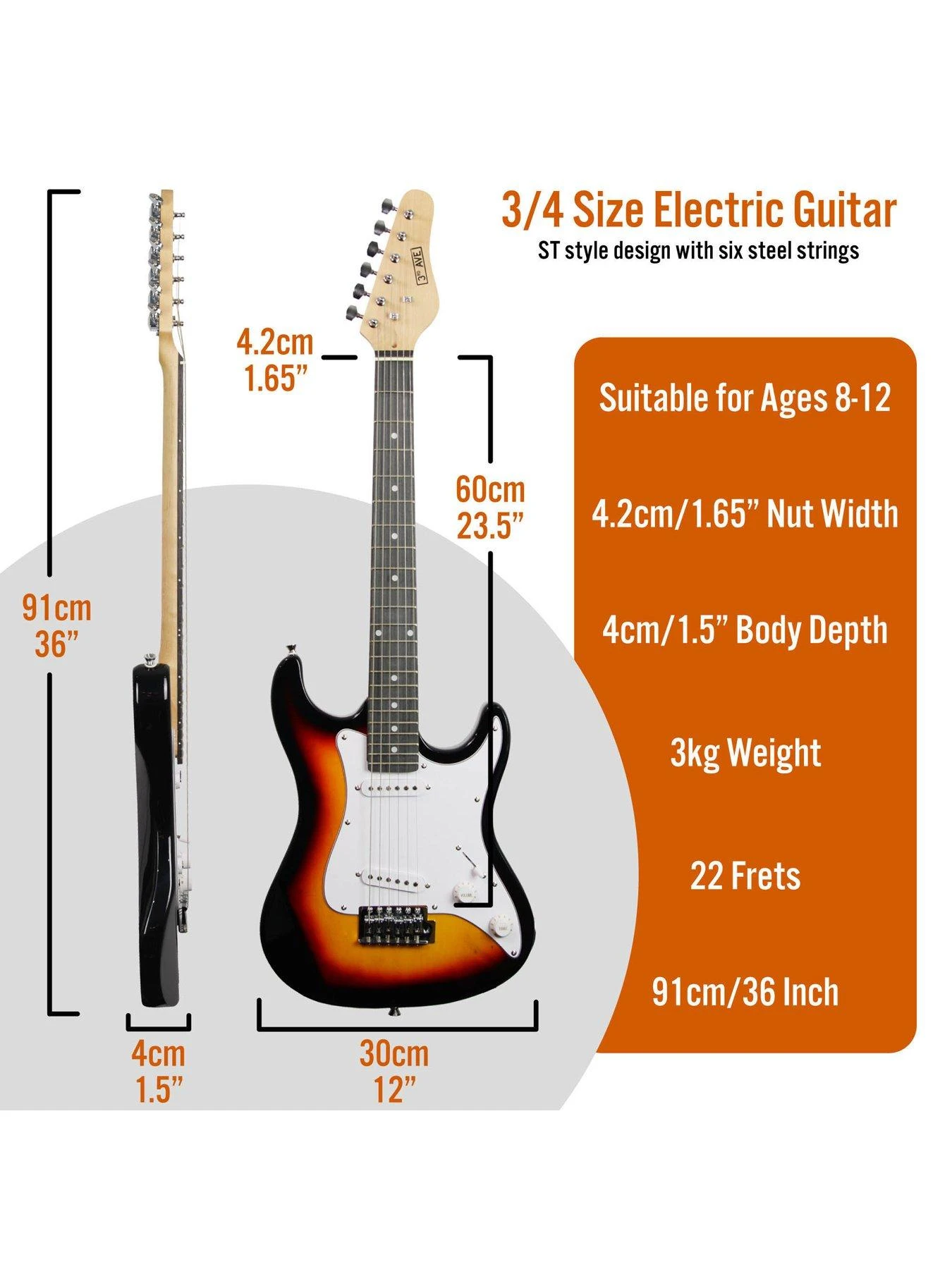 3rd Avenue 3/4 Size Electric Guitar Ultimate Kit With 10W Amp - 6 Months FREE Lessons - Sunburst 4 3rd Avenue 3/4 Size Electric Guitar Ultimate Kit With 10W Amp - 6 Months FREE Lessons - Sunburst - Image 2