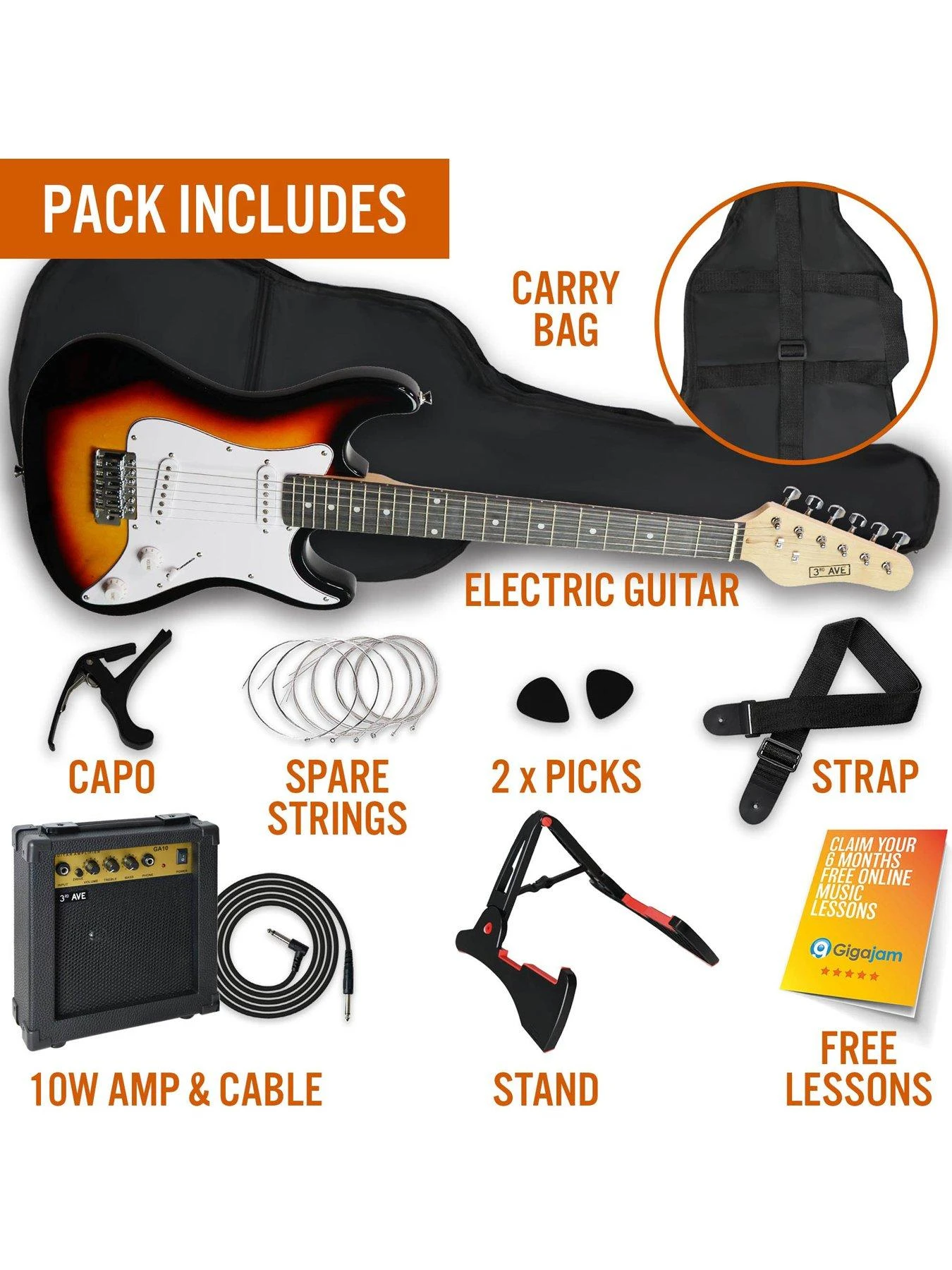 3rd Avenue 3/4 Size Electric Guitar Ultimate Kit With 10W Amp - 6 Months FREE Lessons - Sunburst 5 3rd Avenue 3/4 Size Electric Guitar Ultimate Kit With 10W Amp - 6 Months FREE Lessons - Sunburst - Image 3