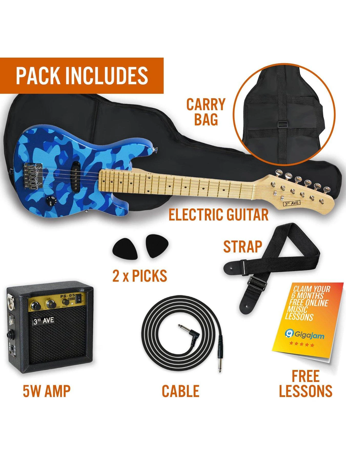 3rd Avenue Junior Electric Guitar Pack - Blue Camo 5 3rd Avenue Junior Electric Guitar Pack - Blue Camo - Image 3