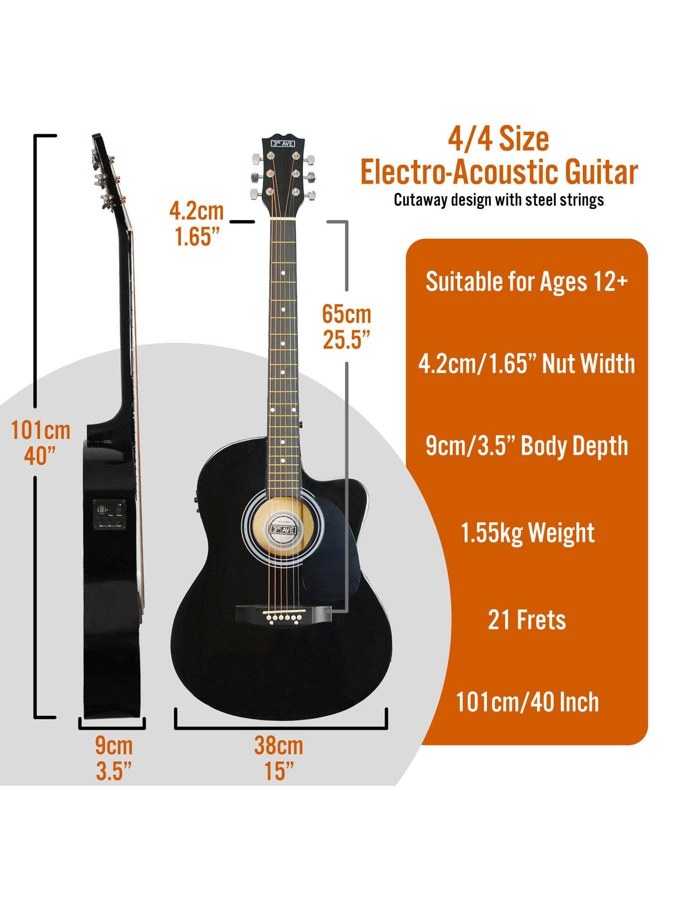 3rd Avenue Cutaway Electro Acoustic Guitar Pack - Black 4 3rd Avenue Cutaway Electro Acoustic Guitar Pack - Black - Image 2