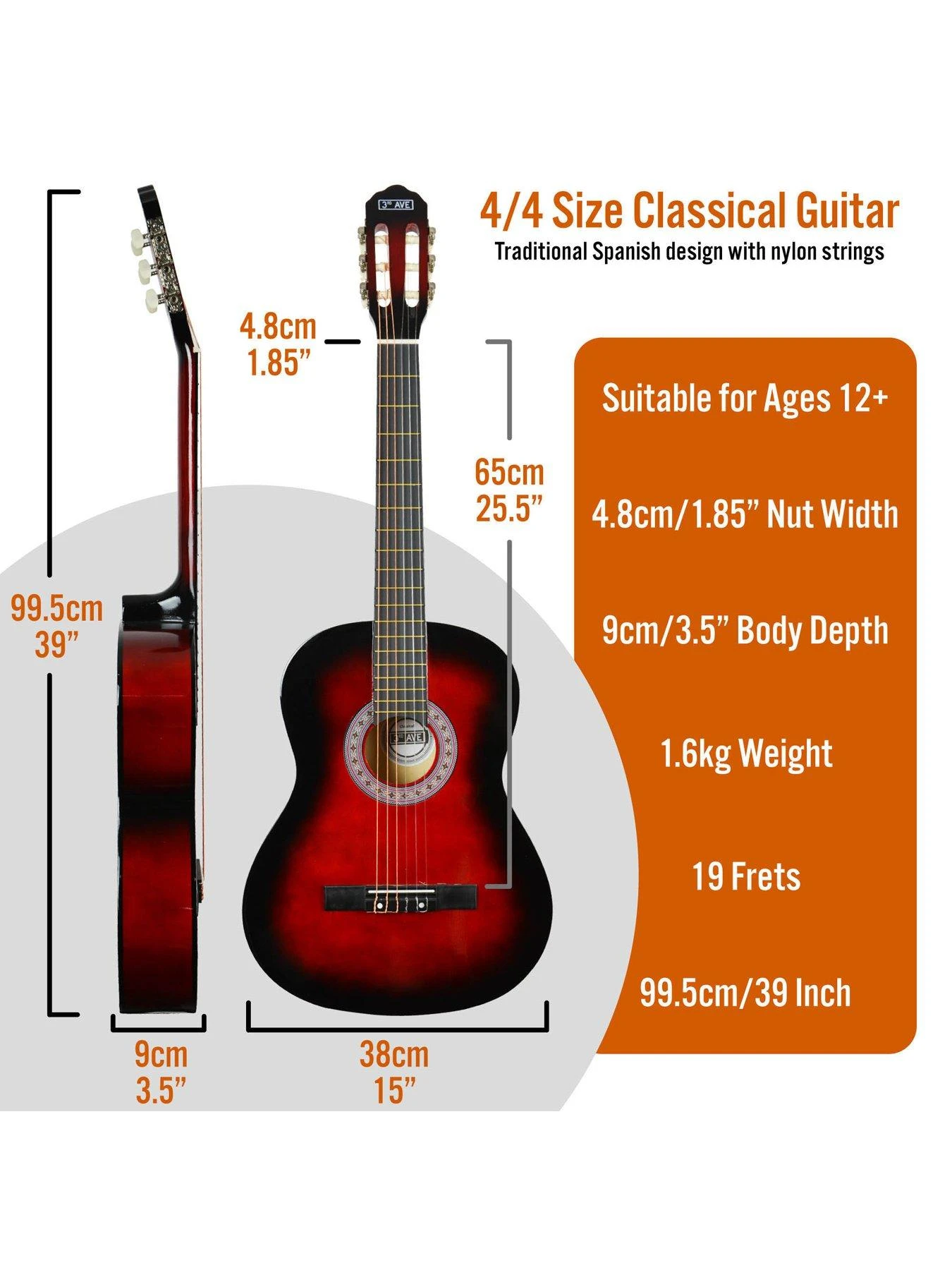 3rd Avenue Full Size 4/4 Classical Guitar Beginner Bundle - 6 Months FREE Lessons - Redburst 4 3rd Avenue Full Size 4/4 Classical Guitar Beginner Bundle - 6 Months FREE Lessons - Redburst - Image 2