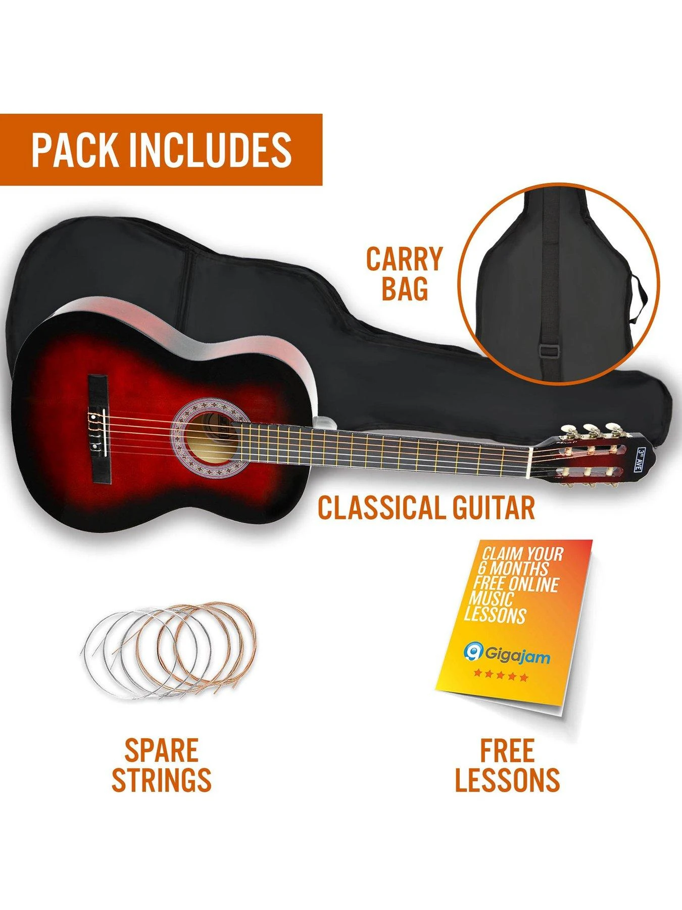 3rd Avenue Full Size 4/4 Classical Guitar Beginner Bundle - 6 Months FREE Lessons - Redburst 5 3rd Avenue Full Size 4/4 Classical Guitar Beginner Bundle - 6 Months FREE Lessons - Redburst - Image 3