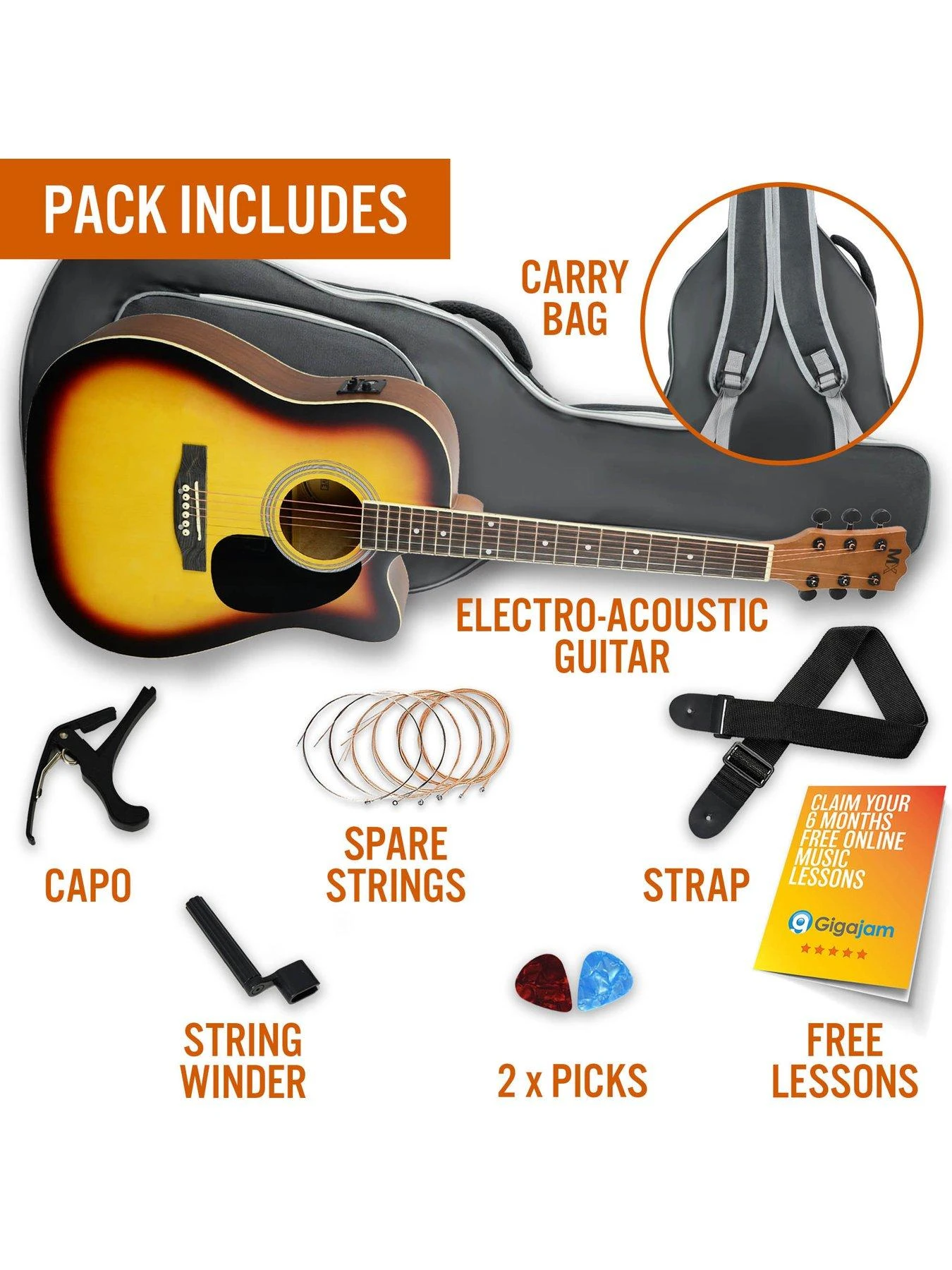 MX Cutaway Electro Acoustic Guitar Pack - Sunburst 5 MX Cutaway Electro Acoustic Guitar Pack - Sunburst - Image 3
