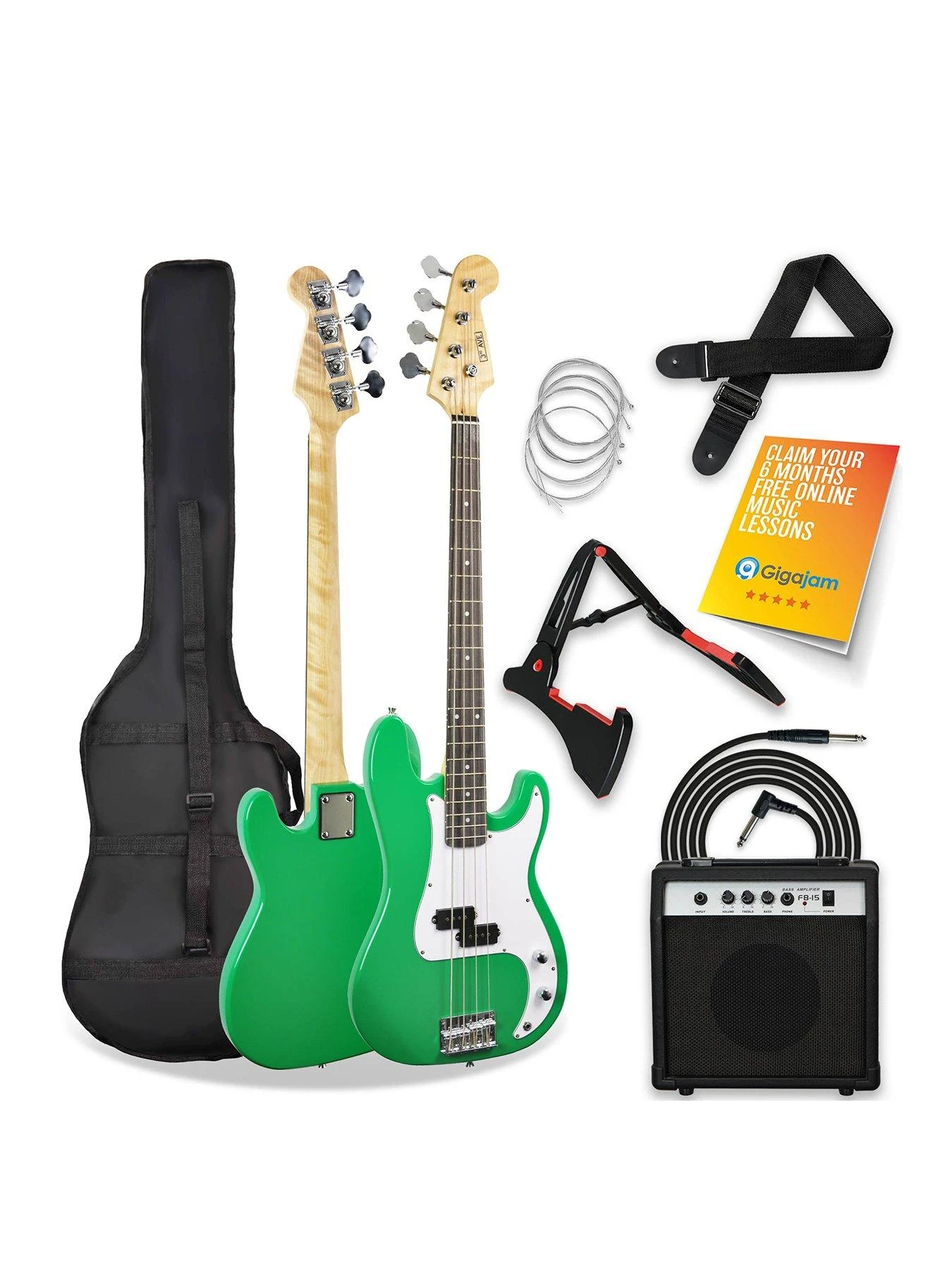Full Size Bass Guitar Ultimate Kit With 15W Amp - 6 Months FREE Lessons - Green 3 Full Size Bass Guitar Ultimate Kit With 15W Amp - 6 Months FREE Lessons - Green