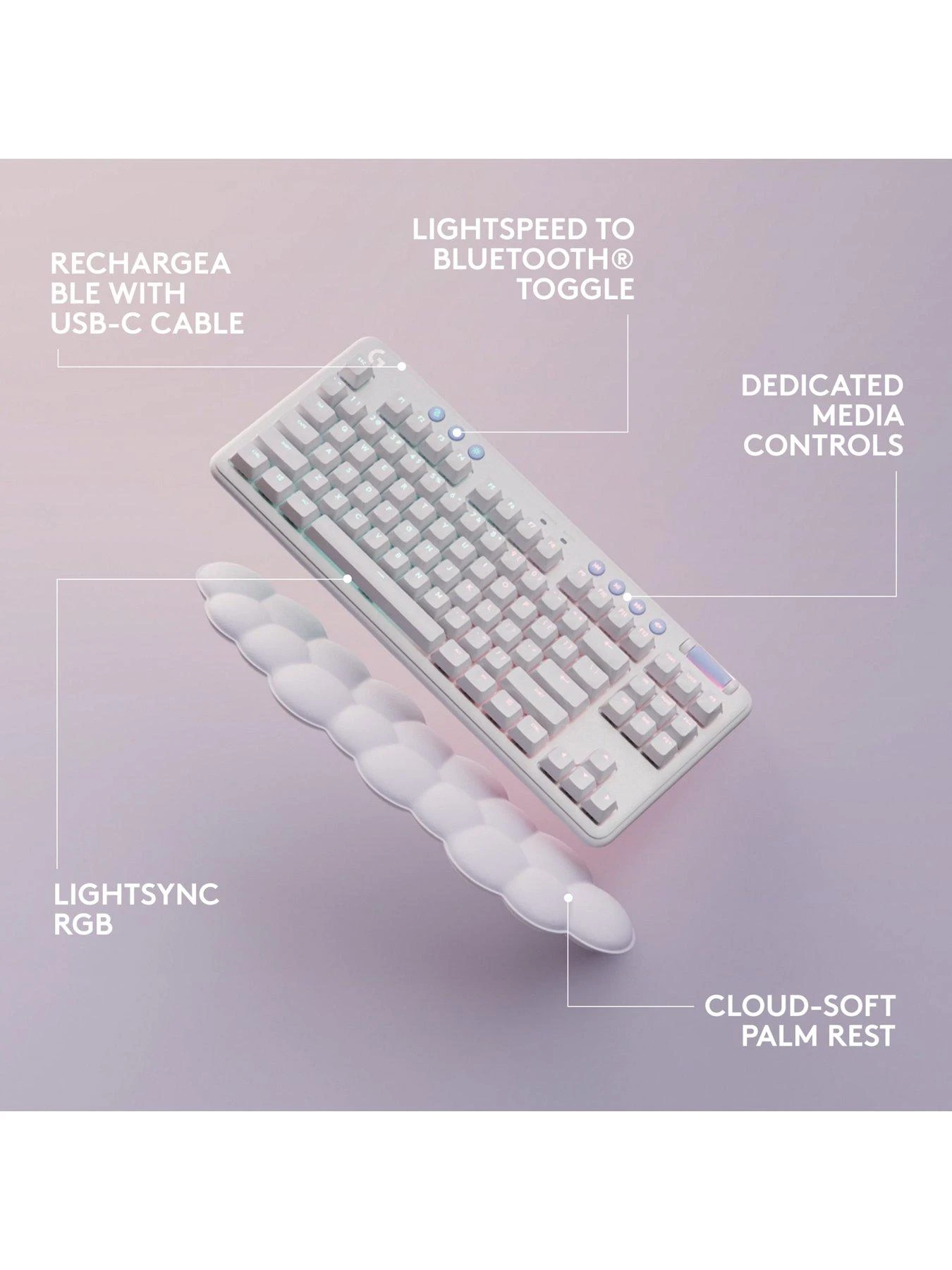 LogitechG G715 Wireless Mechanical Gaming Keyboard, Tactile Switches (GX Brown) And Keyboard Palm Rest, For PC/Mac - White 8 LogitechG G715 Wireless Mechanical Gaming Keyboard, Tactile Switches (GX Brown) And Keyboard Palm Rest, For PC/Mac - White - Image 6