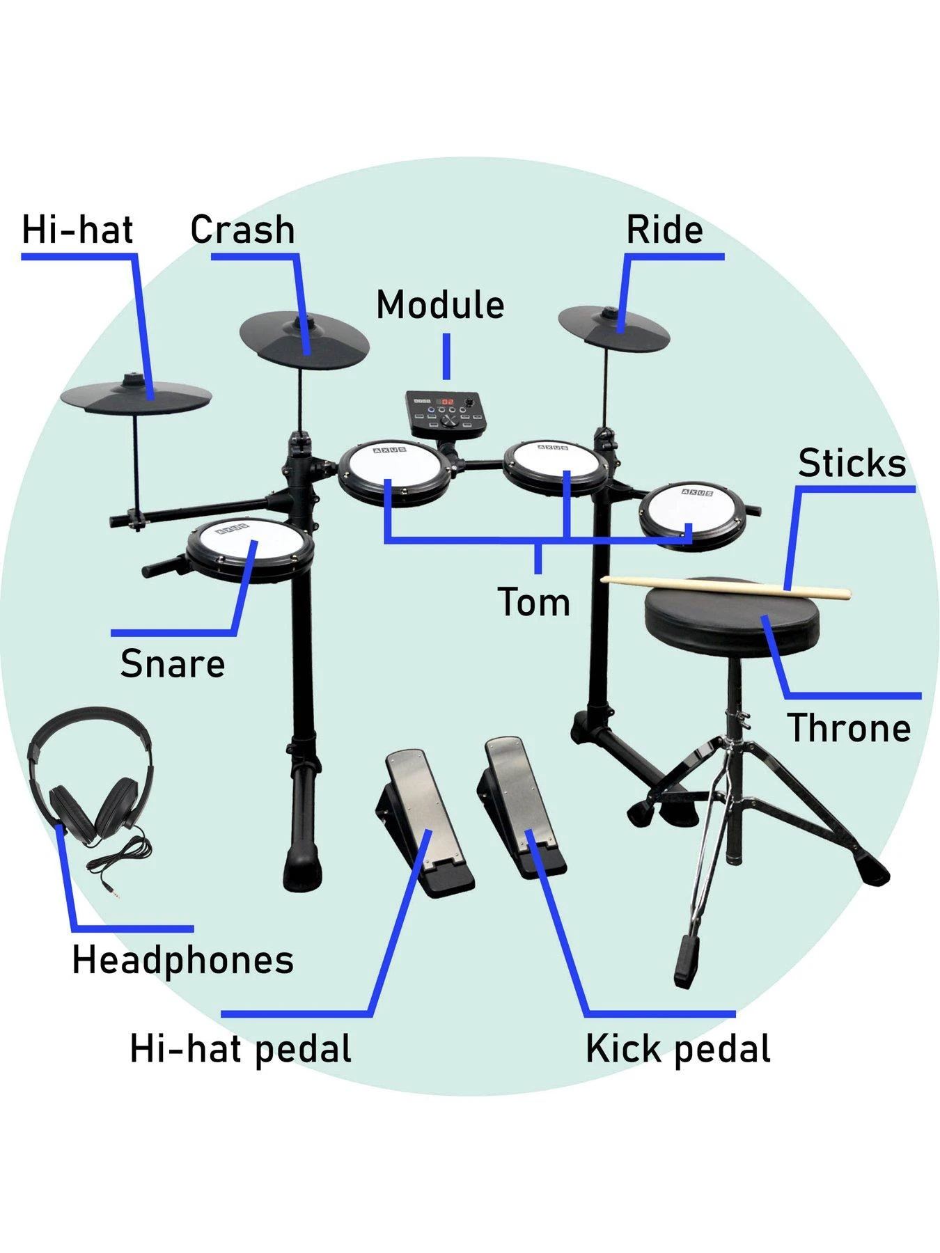 Axus Electronic Digital Drum Kit Package With Stool, Sticks And Headphones 4 Axus Electronic Digital Drum Kit Package With Stool, Sticks And Headphones - Image 2