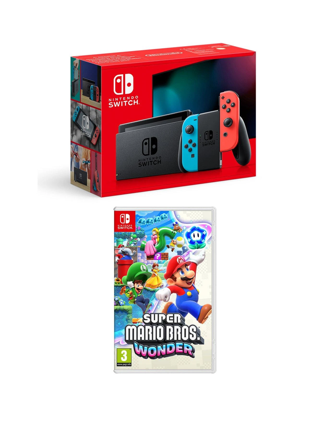 Nintendo Switch Neon Console & Super Mario Bros. Wonder 3 Nintendo Switch Neon Console & Super Mario Bros. Wonder