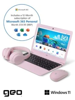 Geo Geobook 110 11.6in 4GB 128GB Windows 11 Pink Laptop, Headset, Mouse And Sleeve Bundle 12 Geo Geobook 110 11.6in 4GB 128GB Windows 11 Pink Laptop, Headset, Mouse And Sleeve Bundle -NARA Computer Shop VS584 SQ4 0000000063 PINK SLd